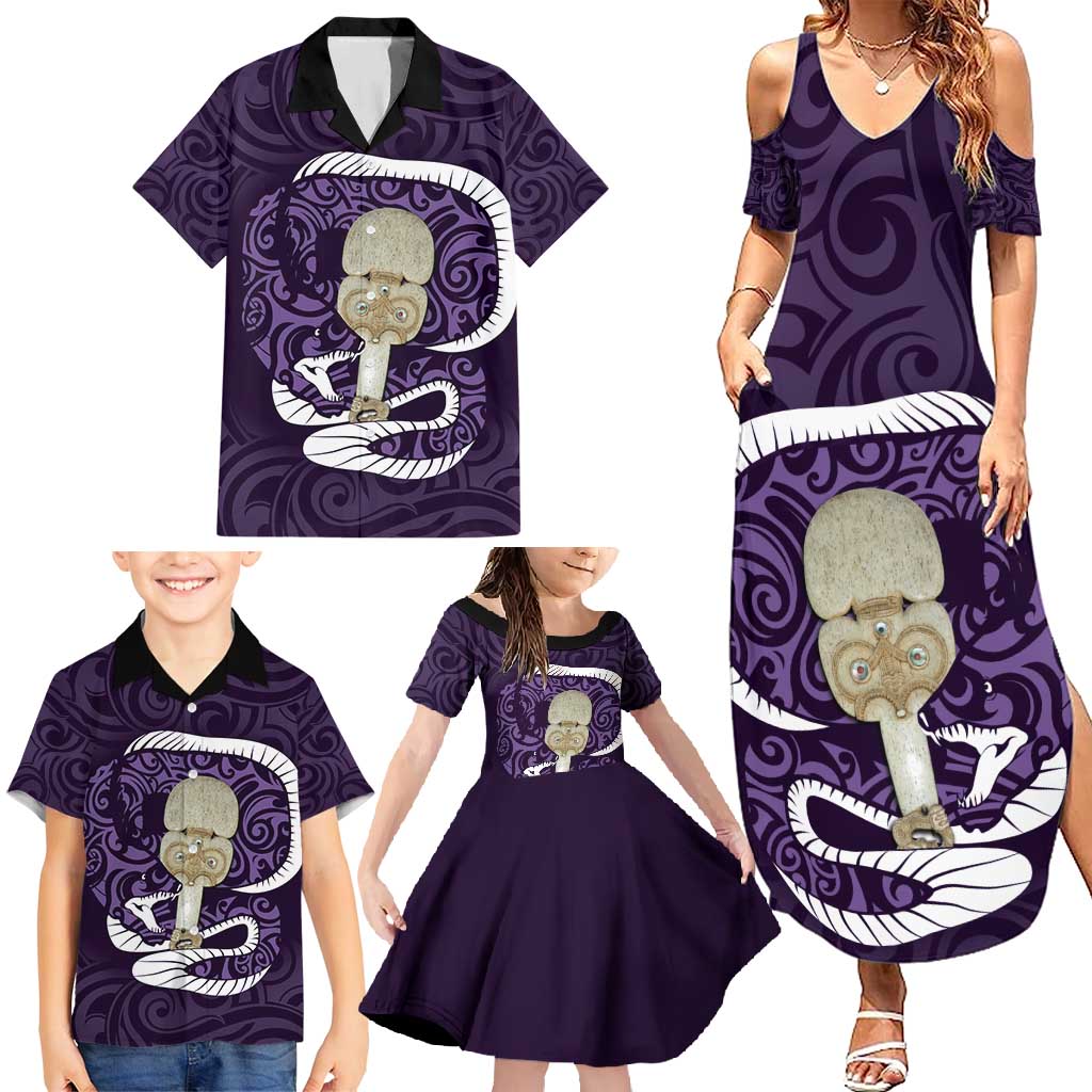 Purple New Zealand Eel Family Matching Summer Maxi Dress and Hawaiian Shirt Aotearoa Maori Tuna With Kotiate Weapon LT14 - Polynesian Pride