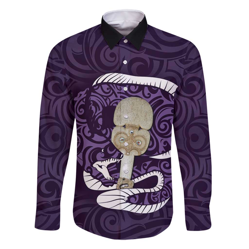 Purple New Zealand Eel Family Matching Summer Maxi Dress and Hawaiian Shirt Aotearoa Maori Tuna With Kotiate Weapon LT14 Dad's Shirt - Long Sleeve Purple - Polynesian Pride
