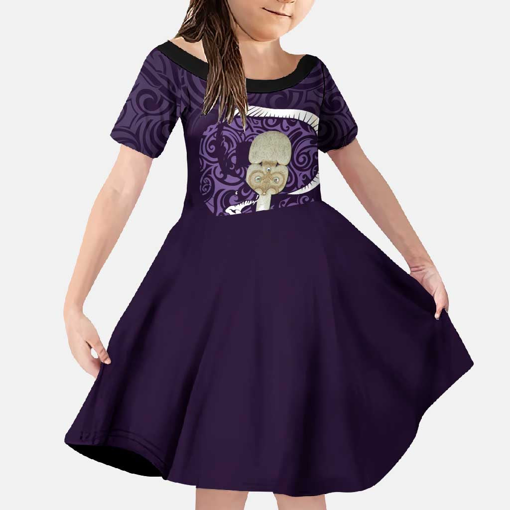 Purple New Zealand Eel Family Matching Tank Maxi Dress and Hawaiian Shirt Aotearoa Maori Tuna With Kotiate Weapon LT14 Daughter's Dress Purple - Polynesian Pride