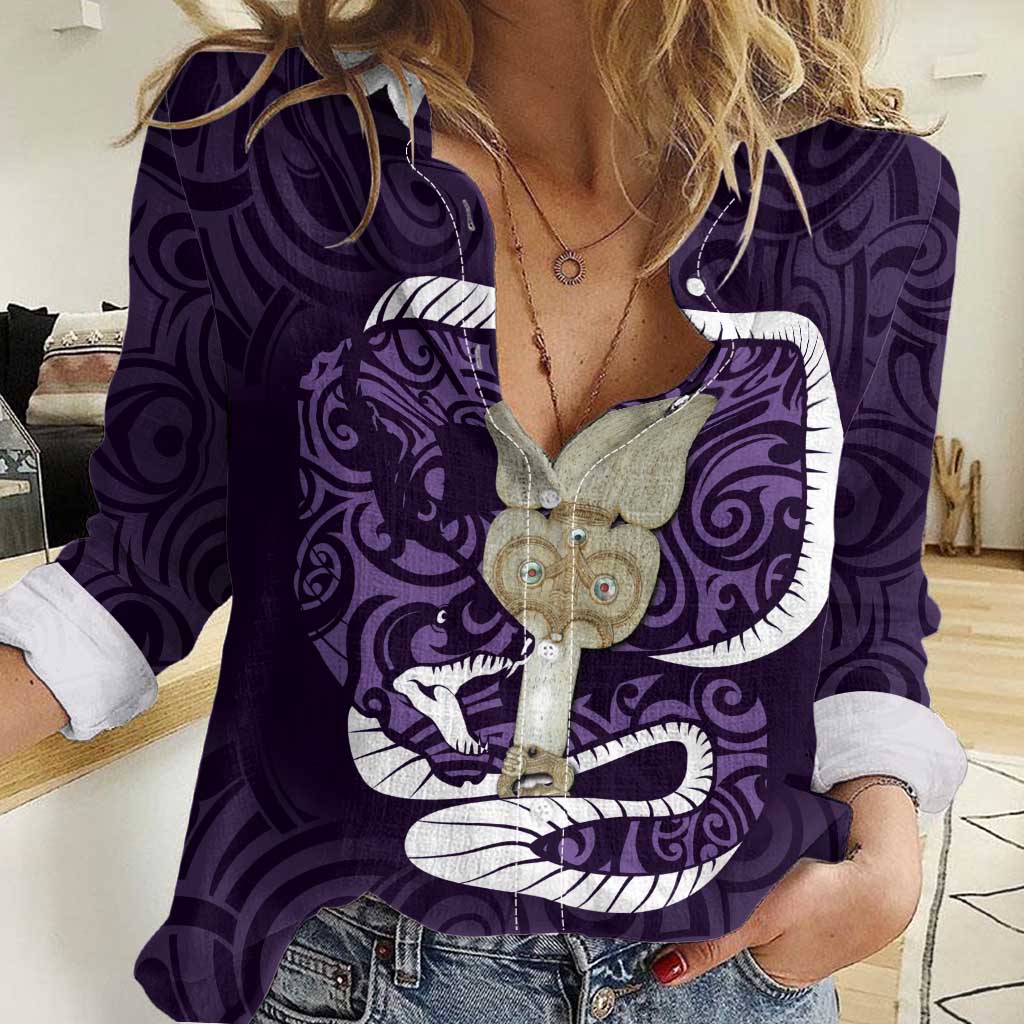 Purple New Zealand Eel Women Casual Shirt Aotearoa Maori Tuna With Kotiate Weapon LT14 Female Purple - Polynesian Pride