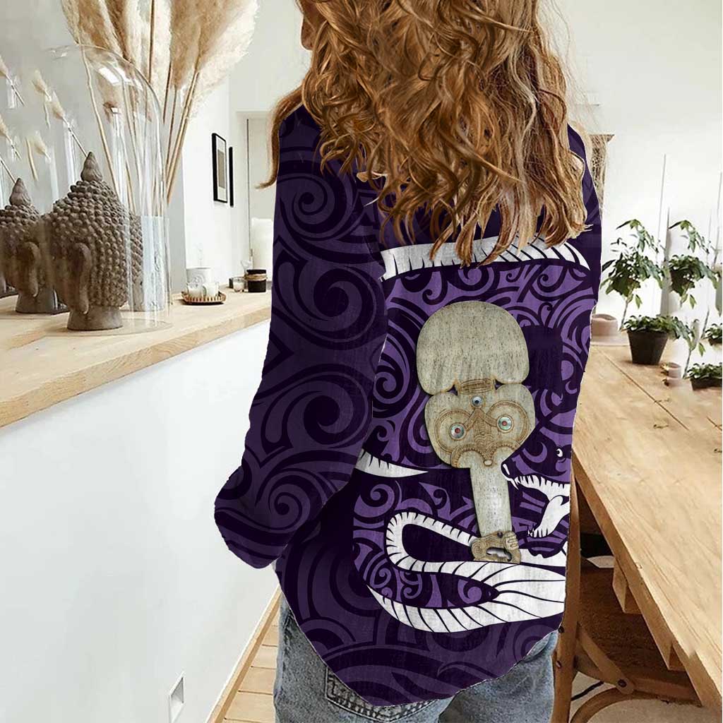 Purple New Zealand Eel Women Casual Shirt Aotearoa Maori Tuna With Kotiate Weapon LT14 - Polynesian Pride