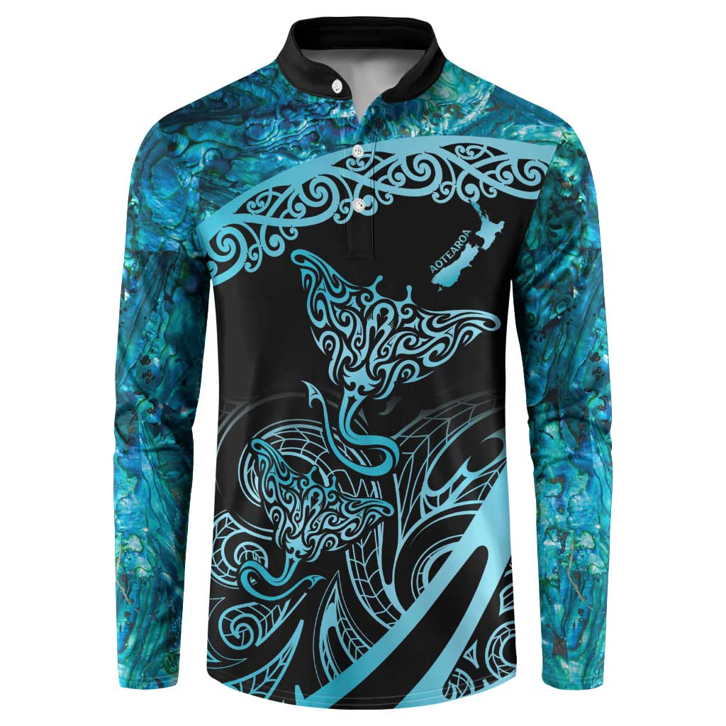 New Zealand Stingray Button Sweatshirt Aotearoa Whai With Maori Paua Shell LT14 Turquoise - Polynesian Pride