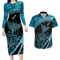 New Zealand Stingray Couples Matching Long Sleeve Bodycon Dress and Hawaiian Shirt Aotearoa Whai With Maori Paua Shell LT14 Turquoise - Polynesian Pride