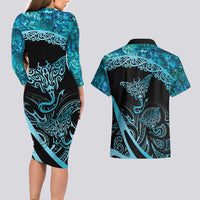 New Zealand Stingray Couples Matching Long Sleeve Bodycon Dress and Hawaiian Shirt Aotearoa Whai With Maori Paua Shell LT14 - Polynesian Pride