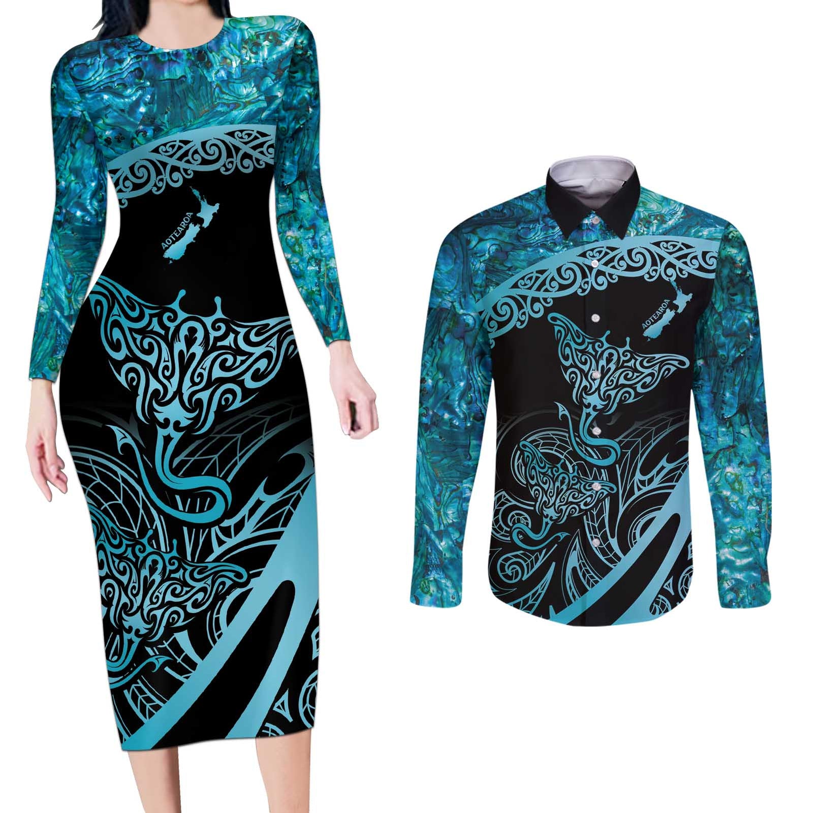 New Zealand Stingray Couples Matching Long Sleeve Bodycon Dress and Long Sleeve Button Shirt Aotearoa Whai With Maori Paua Shell LT14 Turquoise - Polynesian Pride