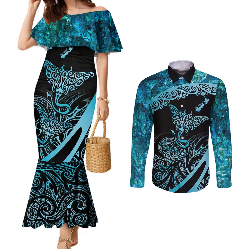 New Zealand Stingray Couples Matching Mermaid Dress and Long Sleeve Button Shirt Aotearoa Whai With Maori Paua Shell LT14 Turquoise - Polynesian Pride