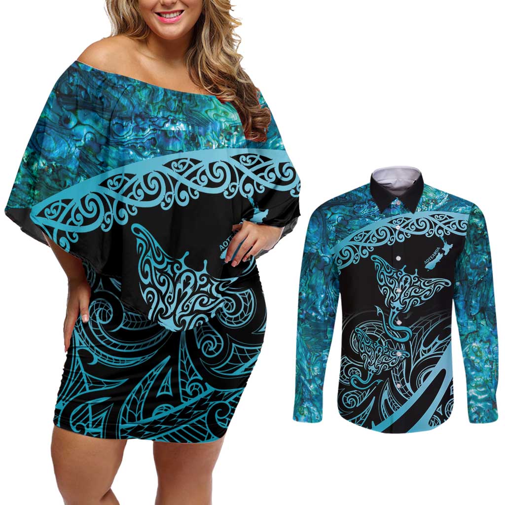 New Zealand Stingray Couples Matching Off Shoulder Short Dress and Long Sleeve Button Shirt Aotearoa Whai With Maori Paua Shell LT14 Turquoise - Polynesian Pride