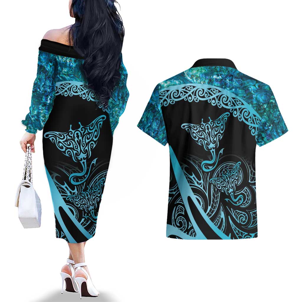 New Zealand Stingray Couples Matching Off The Shoulder Long Sleeve Dress and Hawaiian Shirt Aotearoa Whai With Maori Paua Shell LT14 - Polynesian Pride