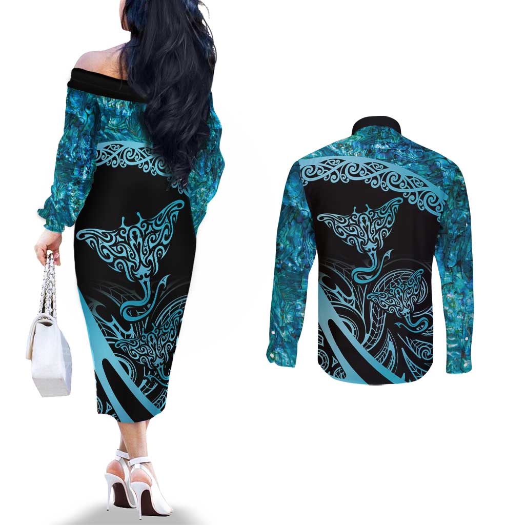 New Zealand Stingray Couples Matching Off The Shoulder Long Sleeve Dress and Long Sleeve Button Shirt Aotearoa Whai With Maori Paua Shell LT14 - Polynesian Pride