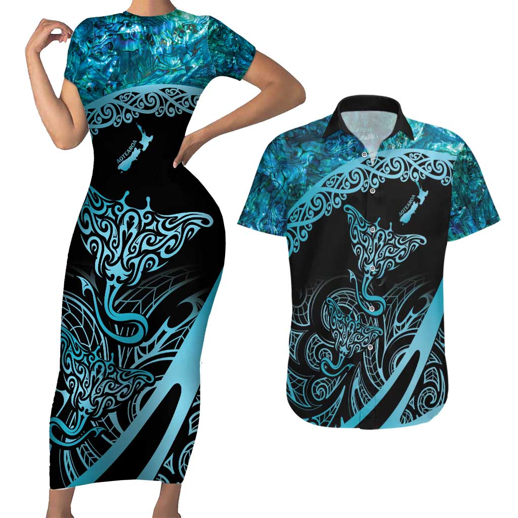 New Zealand Stingray Couples Matching Short Sleeve Bodycon Dress and Hawaiian Shirt Aotearoa Whai With Maori Paua Shell LT14 Turquoise - Polynesian Pride