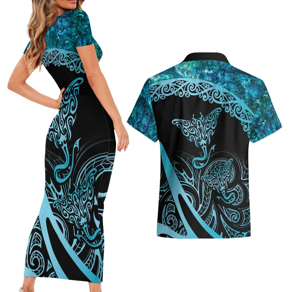 New Zealand Stingray Couples Matching Short Sleeve Bodycon Dress and Hawaiian Shirt Aotearoa Whai With Maori Paua Shell LT14 - Polynesian Pride