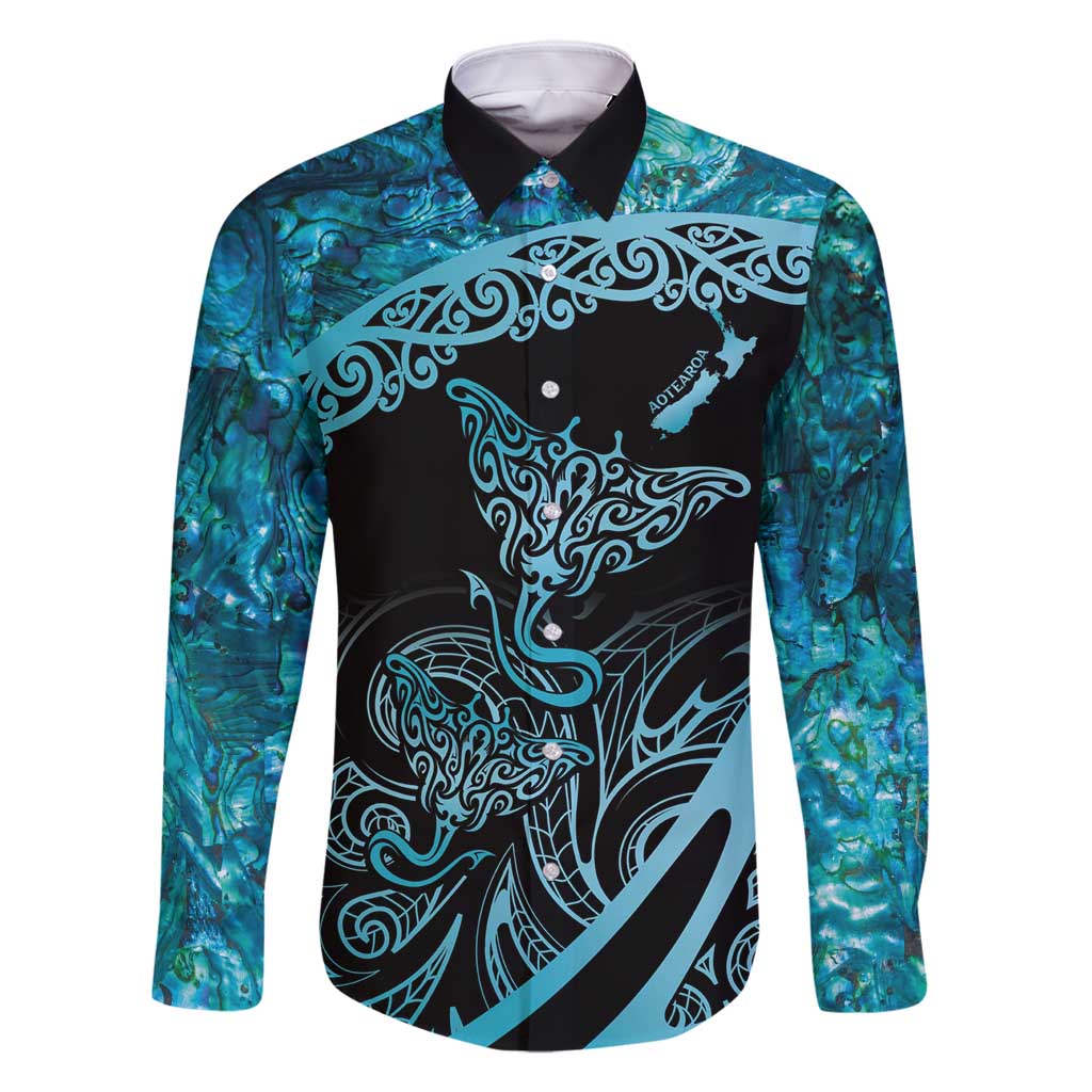 New Zealand Stingray Family Matching Long Sleeve Bodycon Dress and Hawaiian Shirt Aotearoa Whai With Maori Paua Shell LT14 Dad's Shirt - Long Sleeve Turquoise - Polynesian Pride