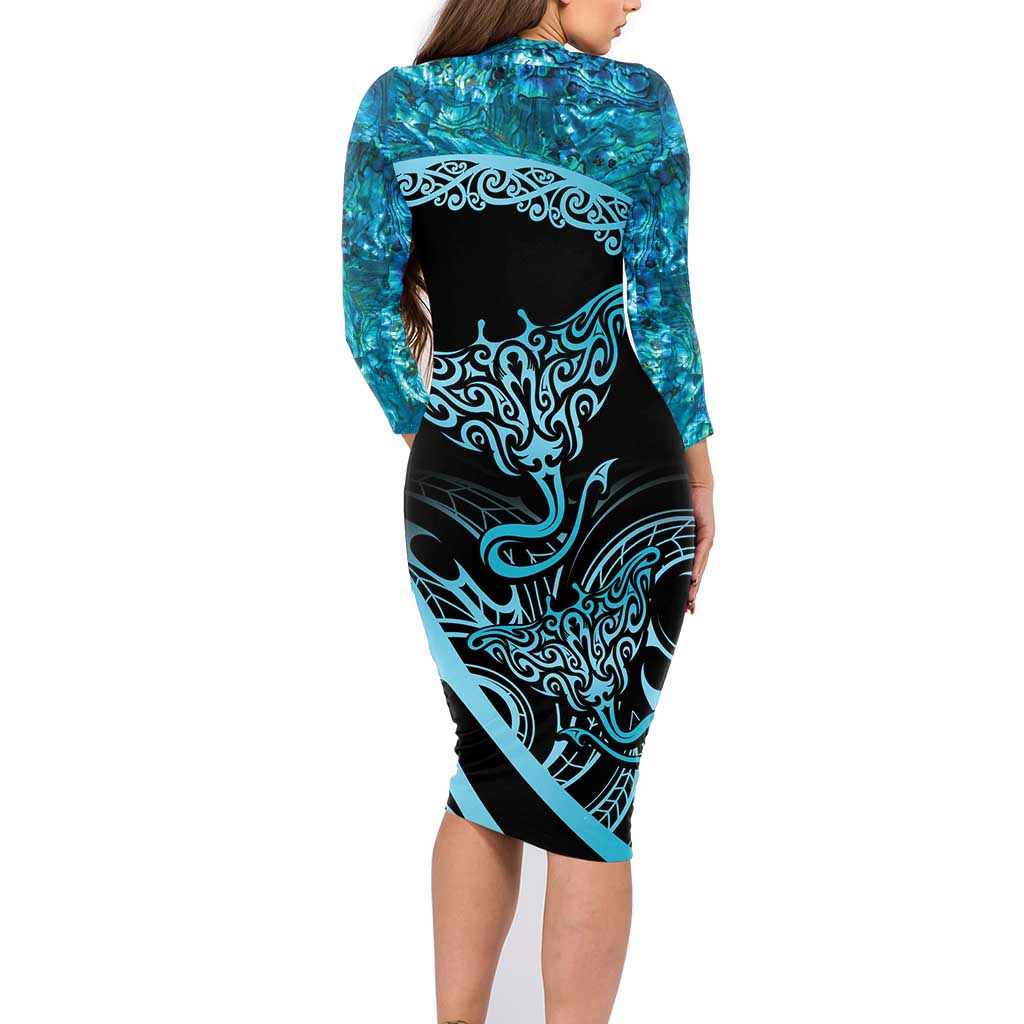 New Zealand Stingray Family Matching Long Sleeve Bodycon Dress and Hawaiian Shirt Aotearoa Whai With Maori Paua Shell LT14 - Polynesian Pride