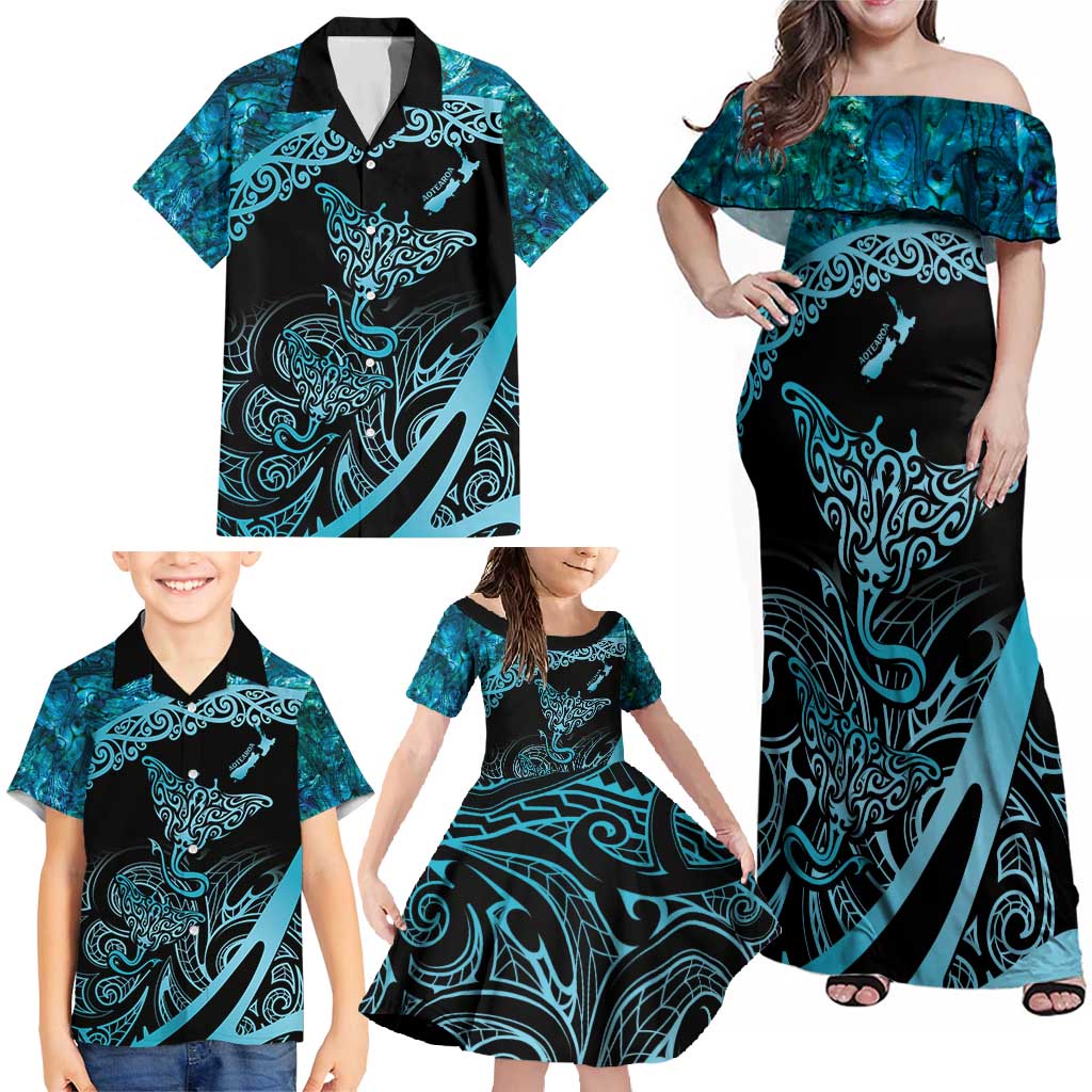 New Zealand Stingray Family Matching Off Shoulder Maxi Dress and Hawaiian Shirt Aotearoa Whai With Maori Paua Shell LT14 - Polynesian Pride