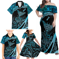 New Zealand Stingray Family Matching Off Shoulder Maxi Dress and Hawaiian Shirt Aotearoa Whai With Maori Paua Shell LT14 - Polynesian Pride