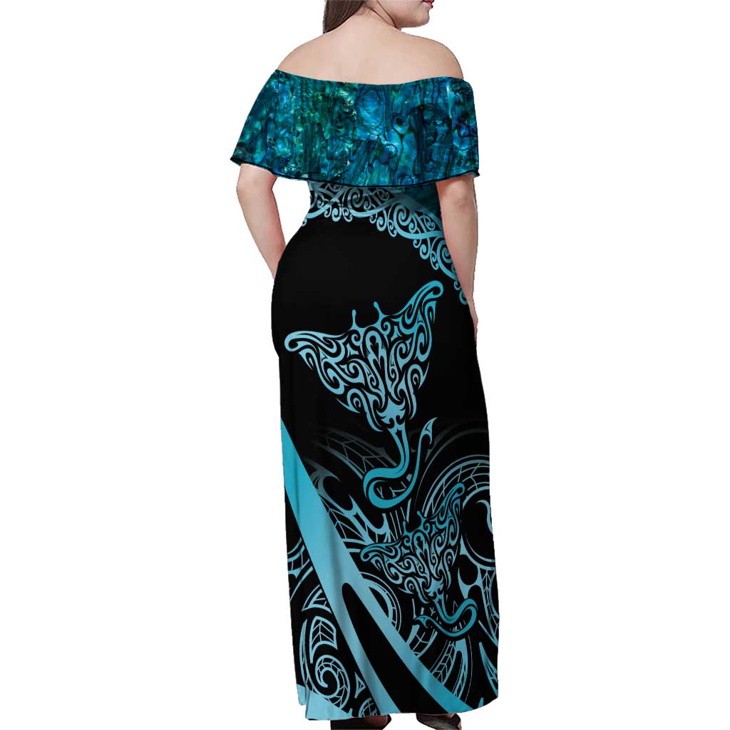 New Zealand Stingray Family Matching Off Shoulder Maxi Dress and Hawaiian Shirt Aotearoa Whai With Maori Paua Shell LT14 - Polynesian Pride
