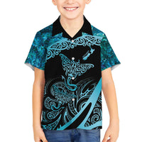 New Zealand Stingray Family Matching Off Shoulder Maxi Dress and Hawaiian Shirt Aotearoa Whai With Maori Paua Shell LT14 Son's Shirt Turquoise - Polynesian Pride