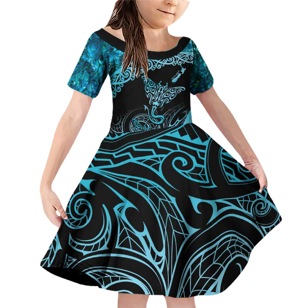 New Zealand Stingray Family Matching Off Shoulder Short Dress and Hawaiian Shirt Aotearoa Whai With Maori Paua Shell LT14 Daughter's Dress Turquoise - Polynesian Pride