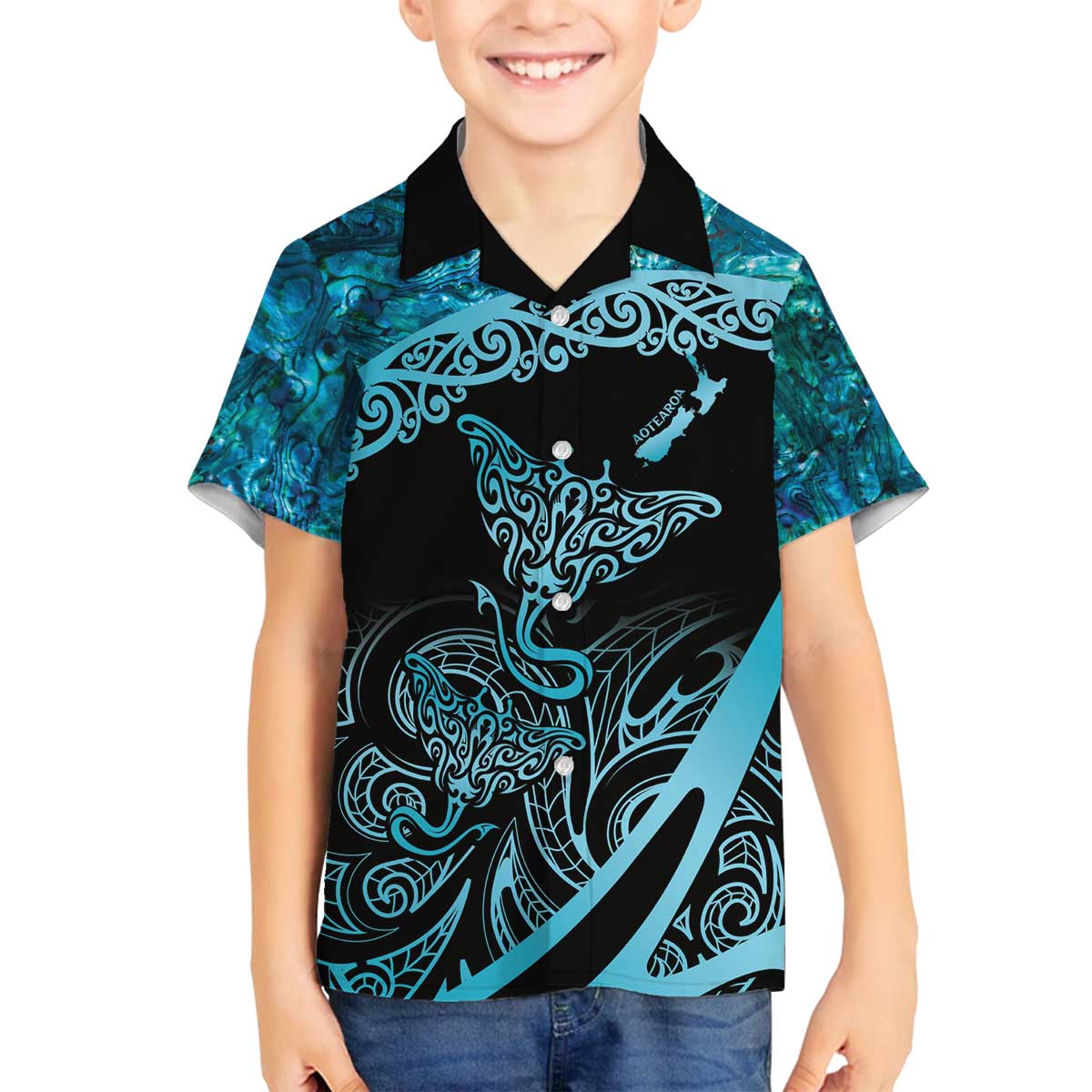 New Zealand Stingray Family Matching Off Shoulder Short Dress and Hawaiian Shirt Aotearoa Whai With Maori Paua Shell LT14 Son's Shirt Turquoise - Polynesian Pride