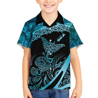 New Zealand Stingray Family Matching Puletasi and Hawaiian Shirt Aotearoa Whai With Maori Paua Shell LT14 Son's Shirt Turquoise - Polynesian Pride
