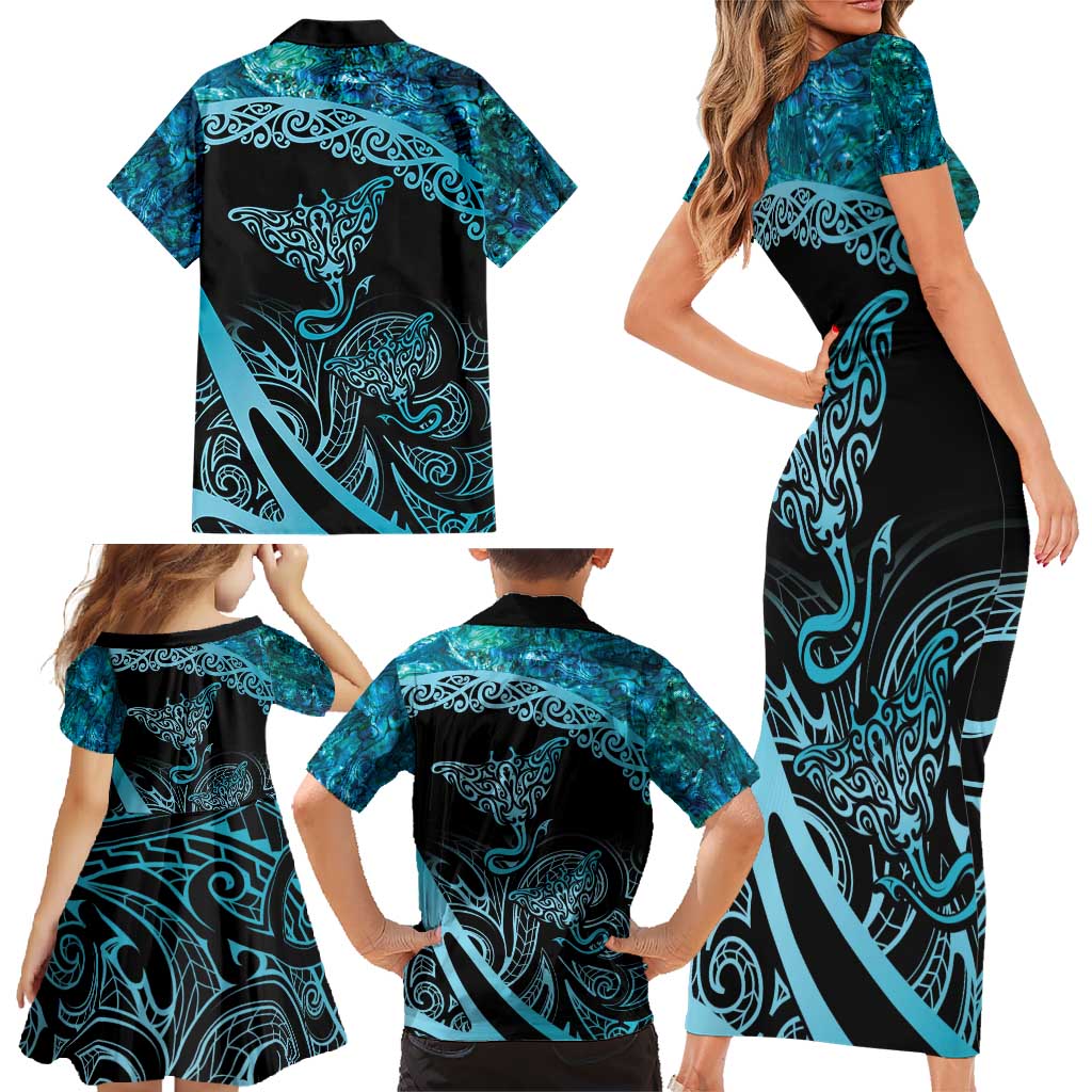 New Zealand Stingray Family Matching Short Sleeve Bodycon Dress and Hawaiian Shirt Aotearoa Whai With Maori Paua Shell LT14 - Polynesian Pride
