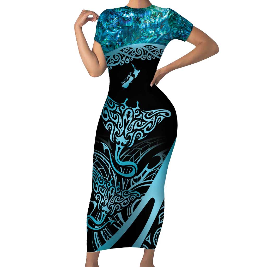 New Zealand Stingray Family Matching Short Sleeve Bodycon Dress and Hawaiian Shirt Aotearoa Whai With Maori Paua Shell LT14 Mom's Dress Turquoise - Polynesian Pride