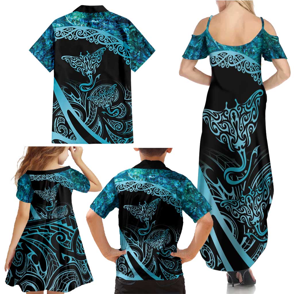 New Zealand Stingray Family Matching Summer Maxi Dress and Hawaiian Shirt Aotearoa Whai With Maori Paua Shell LT14 - Polynesian Pride