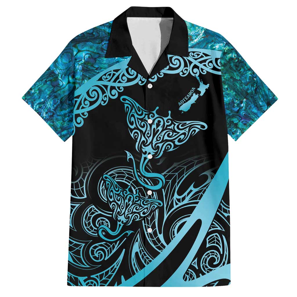 New Zealand Stingray Family Matching Summer Maxi Dress and Hawaiian Shirt Aotearoa Whai With Maori Paua Shell LT14 Dad's Shirt - Short Sleeve Turquoise - Polynesian Pride