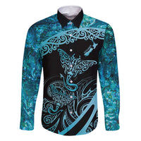 New Zealand Stingray Family Matching Summer Maxi Dress and Hawaiian Shirt Aotearoa Whai With Maori Paua Shell LT14 Dad's Shirt - Long Sleeve Turquoise - Polynesian Pride