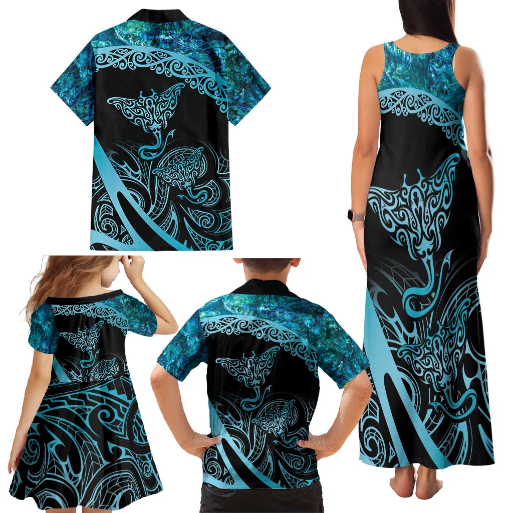 New Zealand Stingray Family Matching Tank Maxi Dress and Hawaiian Shirt Aotearoa Whai With Maori Paua Shell LT14 - Polynesian Pride