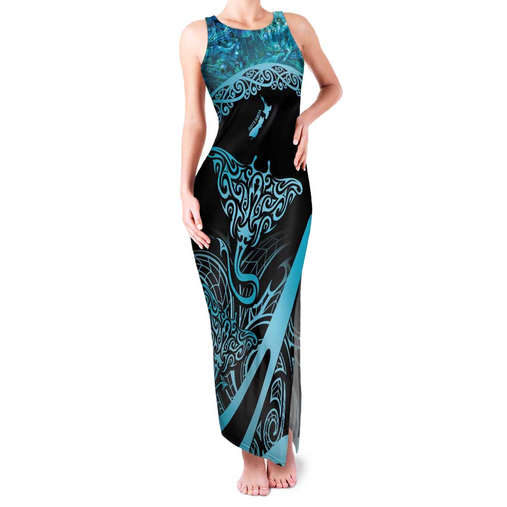 New Zealand Stingray Family Matching Tank Maxi Dress and Hawaiian Shirt Aotearoa Whai With Maori Paua Shell LT14 Mom's Dress Turquoise - Polynesian Pride