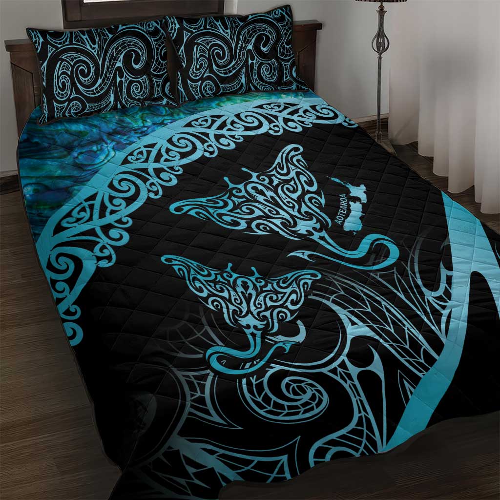 New Zealand Stingray Quilt Bed Set Aotearoa Whai With Maori Paua Shell LT14 Turquoise - Polynesian Pride