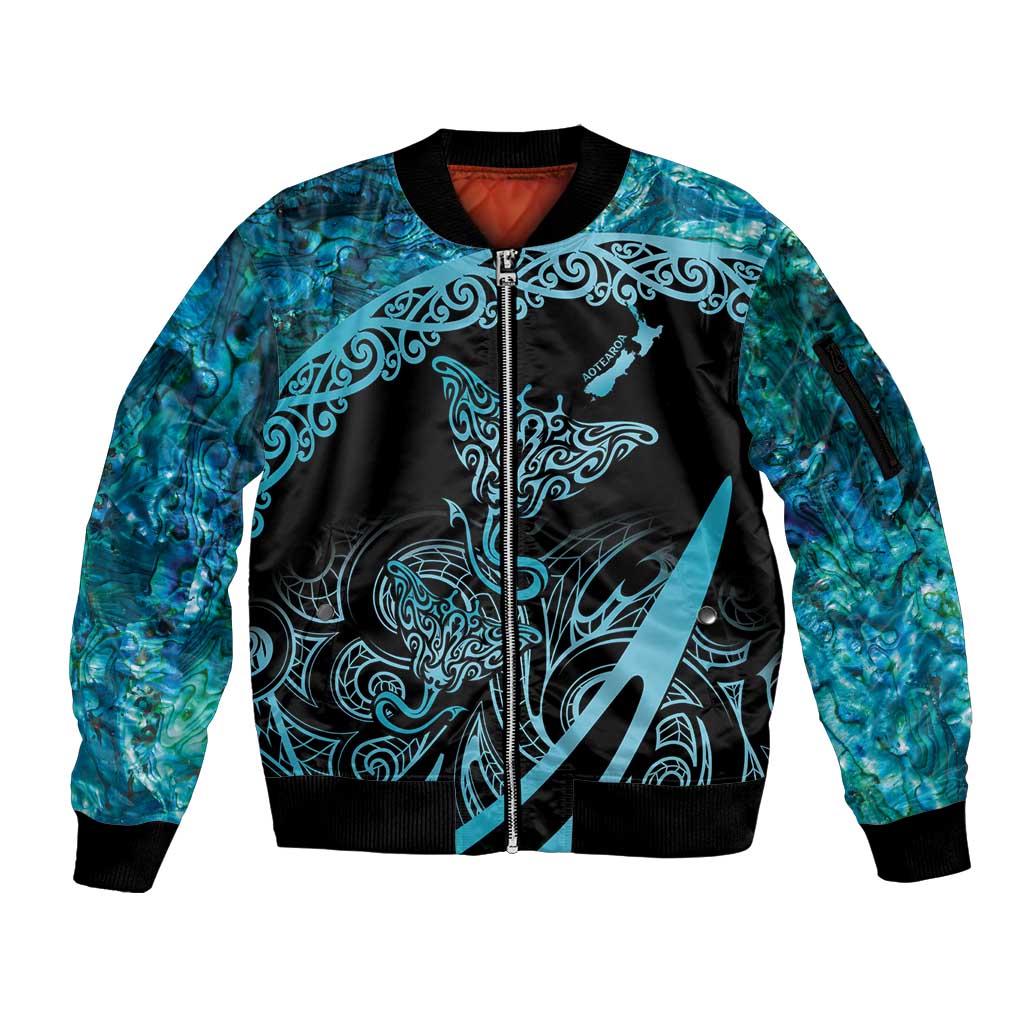 New Zealand Stingray Sleeve Zip Bomber Jacket Aotearoa Whai With Maori Paua Shell LT14 Unisex Turquoise - Polynesian Pride