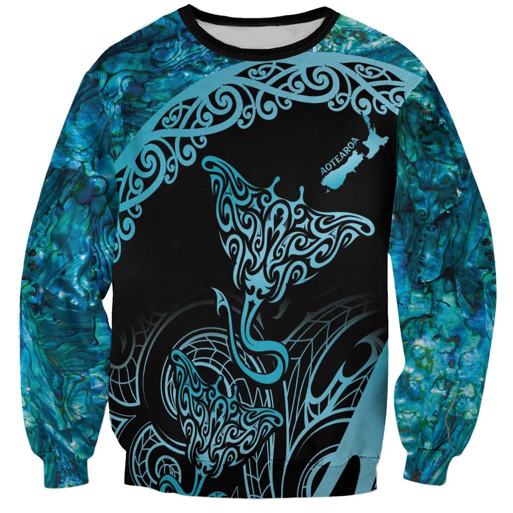 New Zealand Stingray Sweatshirt Aotearoa Whai With Maori Paua Shell LT14 Unisex Turquoise - Polynesian Pride