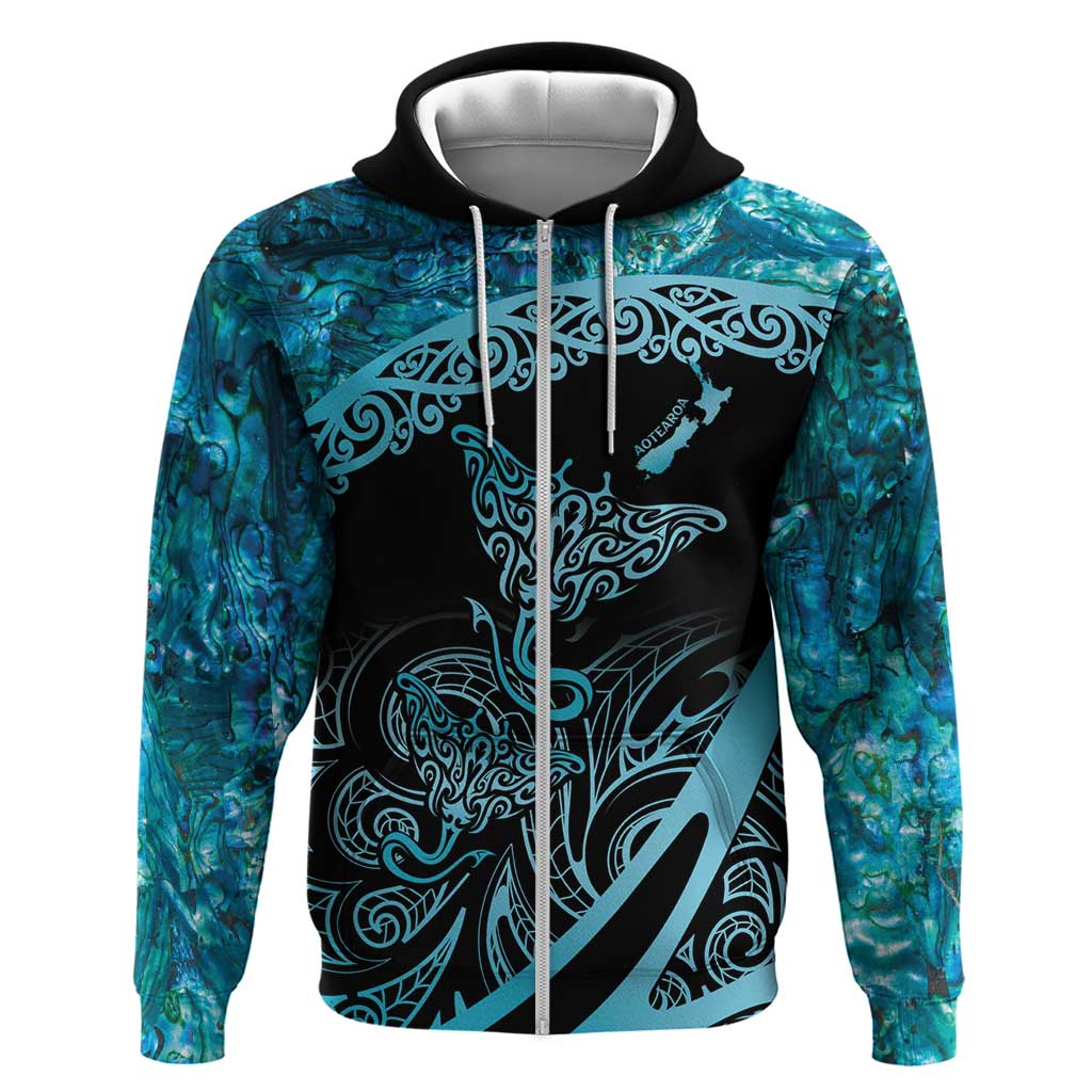 New Zealand Stingray Zip Hoodie Aotearoa Whai With Maori Paua Shell LT14 Zip Hoodie Turquoise - Polynesian Pride