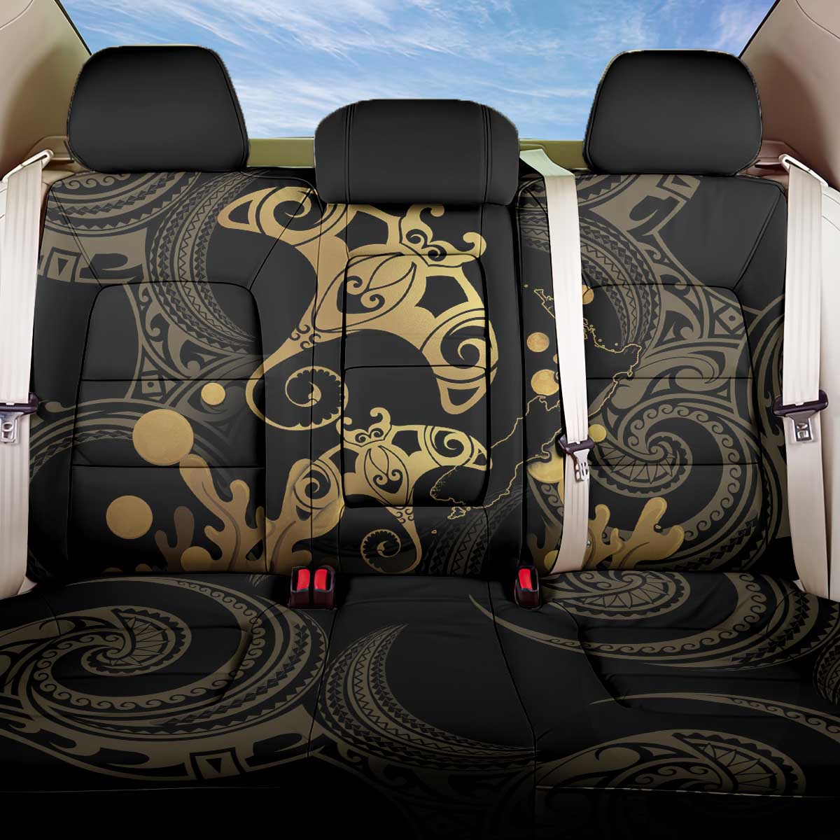 Black And Gold Aotearoa Whai Back Car Seat Cover NZ Stingrays Maori Curves Style LT14 One Size Gold - Polynesian Pride