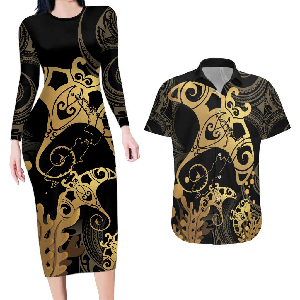 Black And Gold Aotearoa Whai Couples Matching Long Sleeve Bodycon Dress and Hawaiian Shirt NZ Stingrays Maori Curves Style LT14 Gold - Polynesian Pride