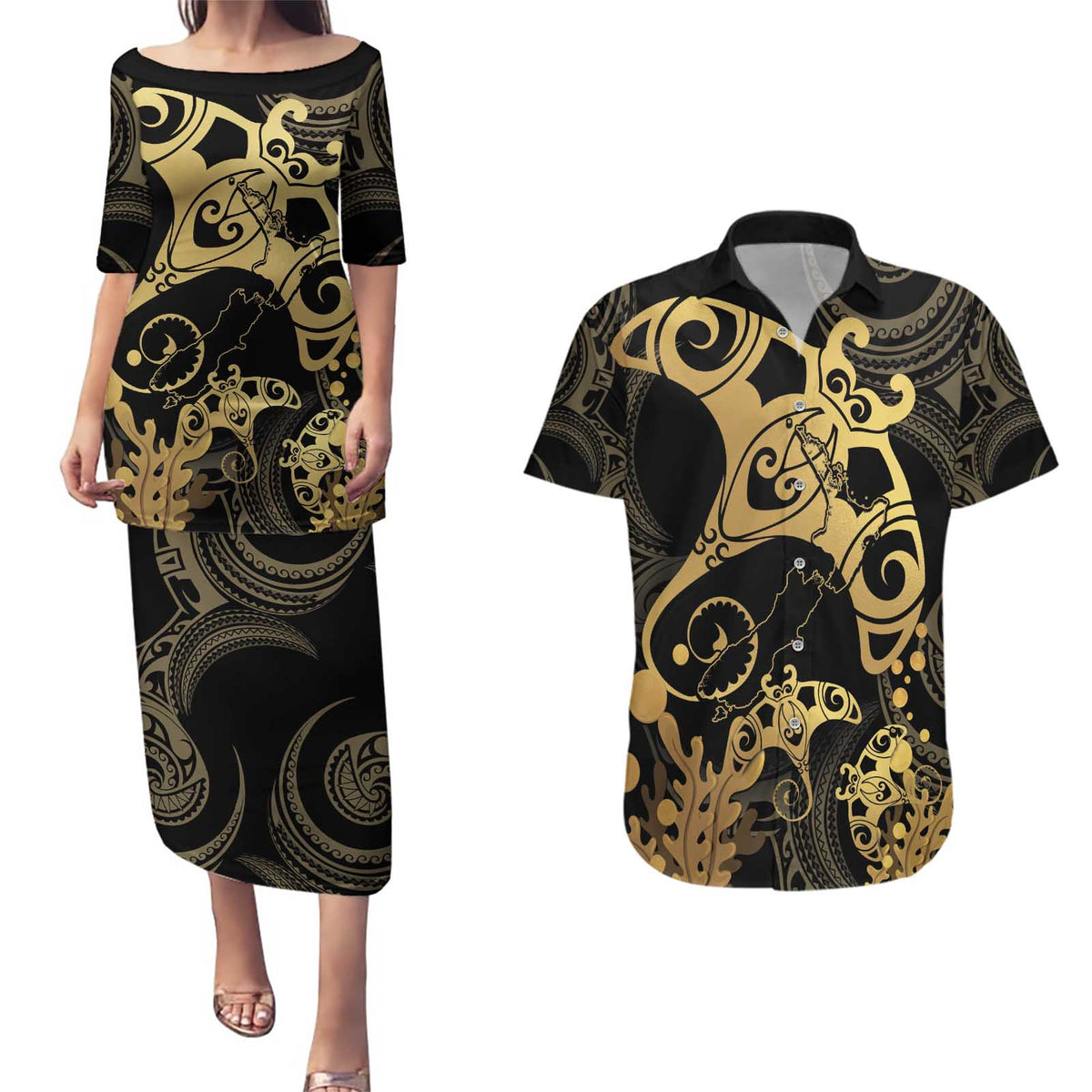Black And Gold Aotearoa Whai Couples Matching Puletasi and Hawaiian Shirt NZ Stingrays Maori Curves Style