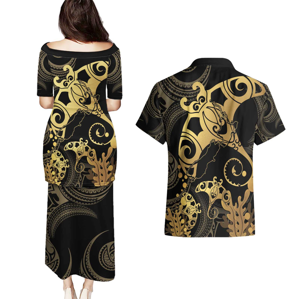 Black And Gold Aotearoa Whai Couples Matching Puletasi and Hawaiian Shirt NZ Stingrays Maori Curves Style