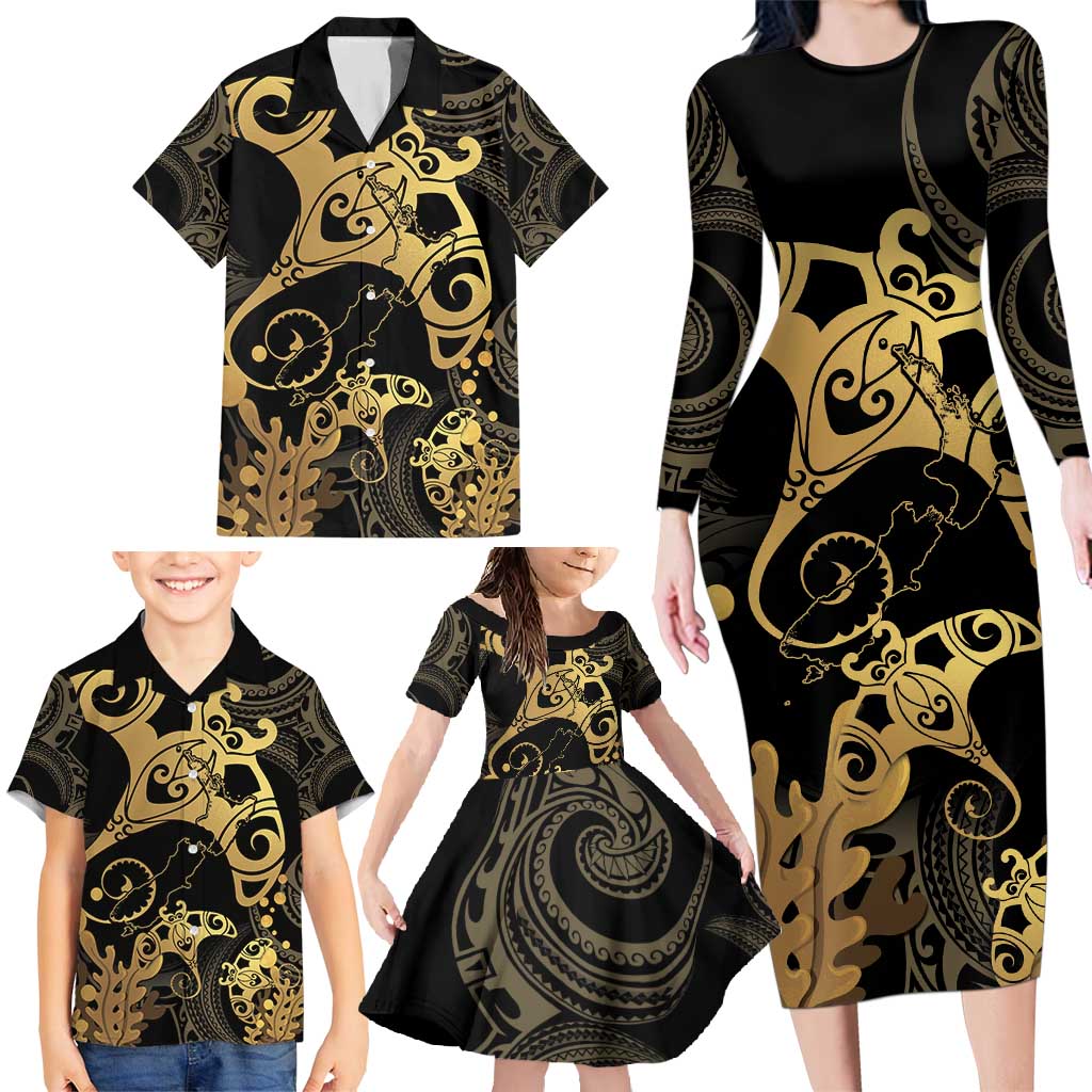Black And Gold Aotearoa Whai Family Matching Long Sleeve Bodycon Dress and Hawaiian Shirt NZ Stingrays Maori Curves Style LT14 - Polynesian Pride