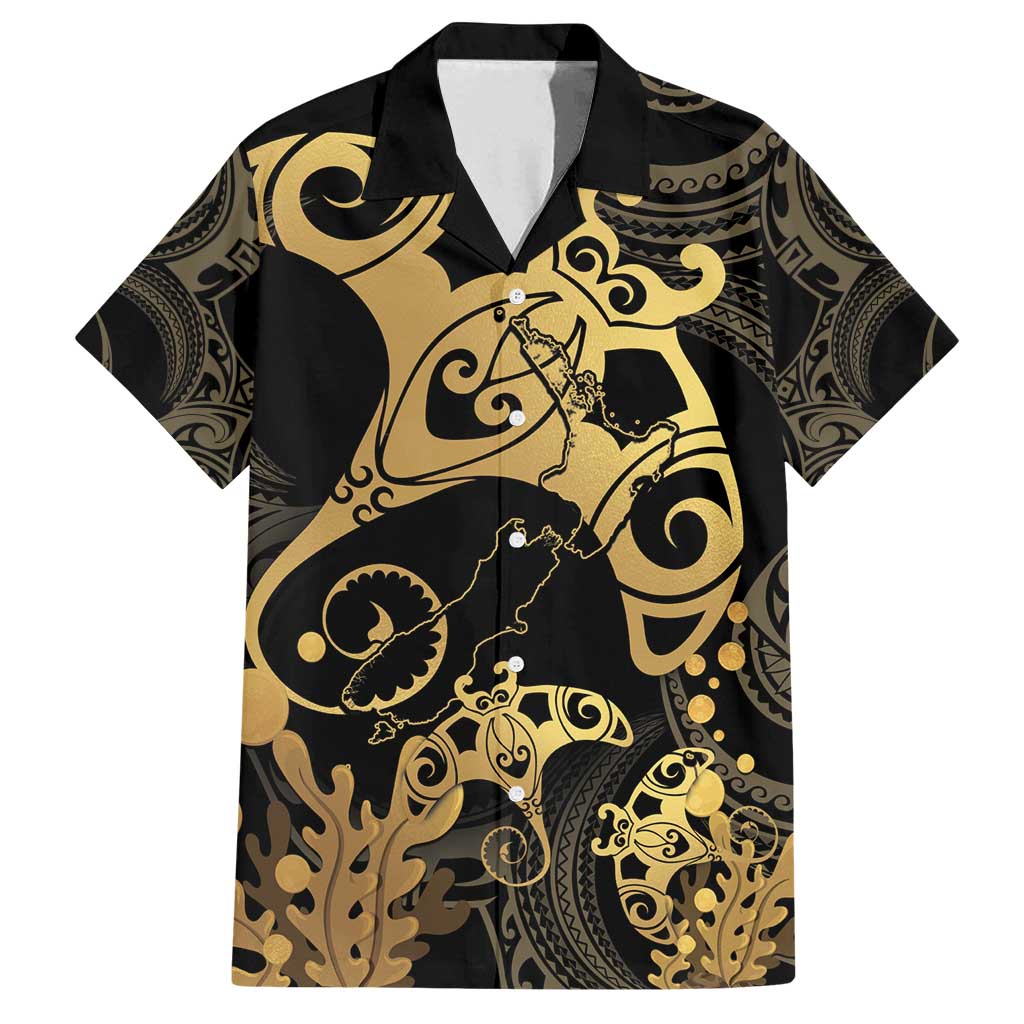 Black And Gold Aotearoa Whai Family Matching Long Sleeve Bodycon Dress and Hawaiian Shirt NZ Stingrays Maori Curves Style LT14 Dad's Shirt - Short Sleeve Gold - Polynesian Pride