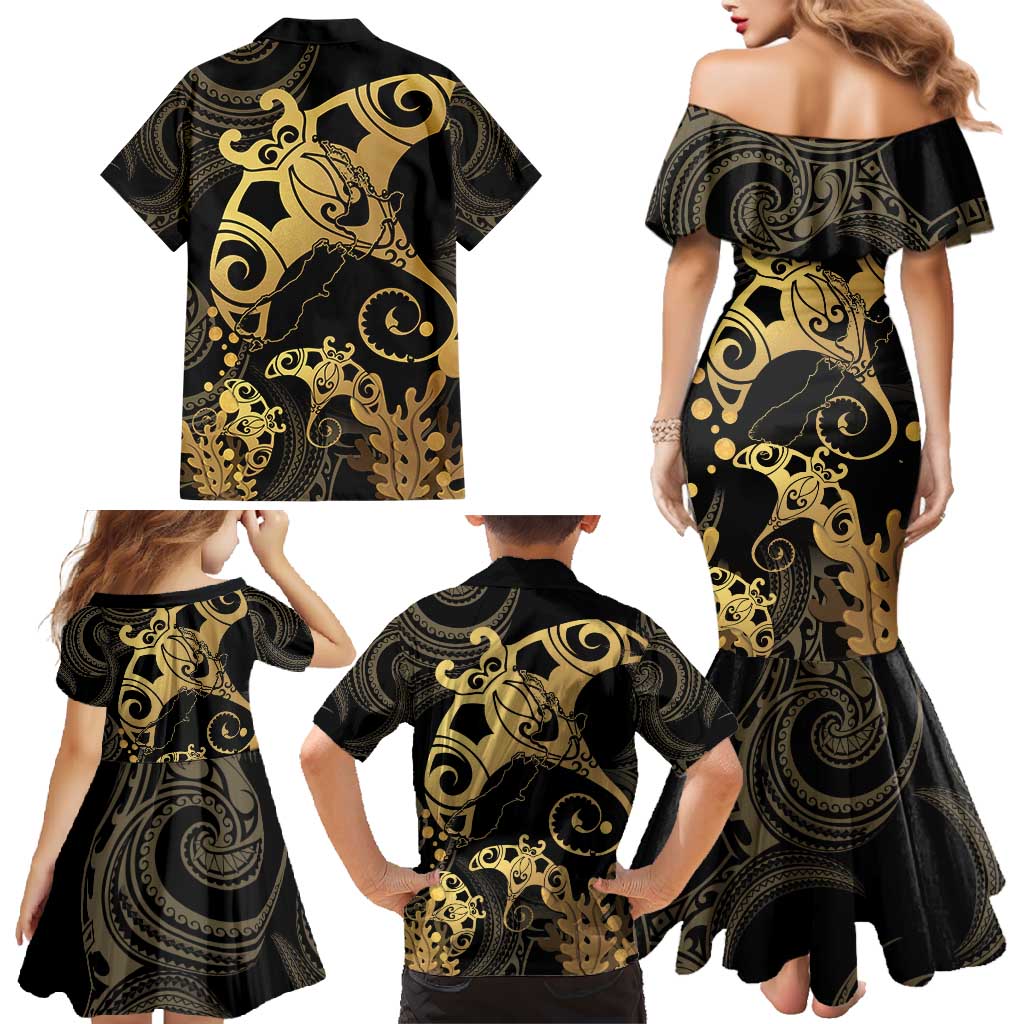 Black And Gold Aotearoa Whai Family Matching Mermaid Dress and Hawaiian Shirt NZ Stingrays Maori Curves Style LT14 - Polynesian Pride
