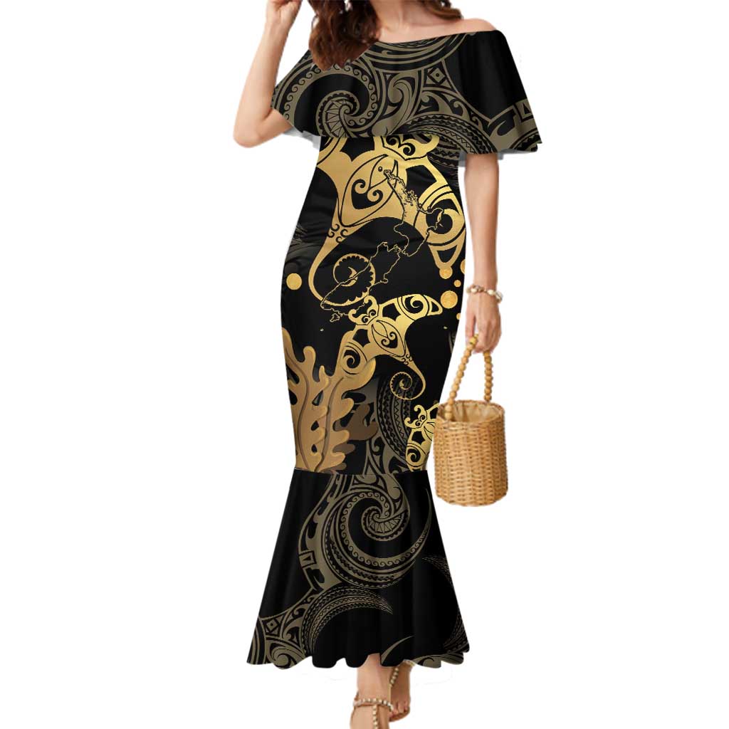 Black And Gold Aotearoa Whai Family Matching Mermaid Dress and Hawaiian Shirt NZ Stingrays Maori Curves Style LT14 Mom's Dress Gold - Polynesian Pride