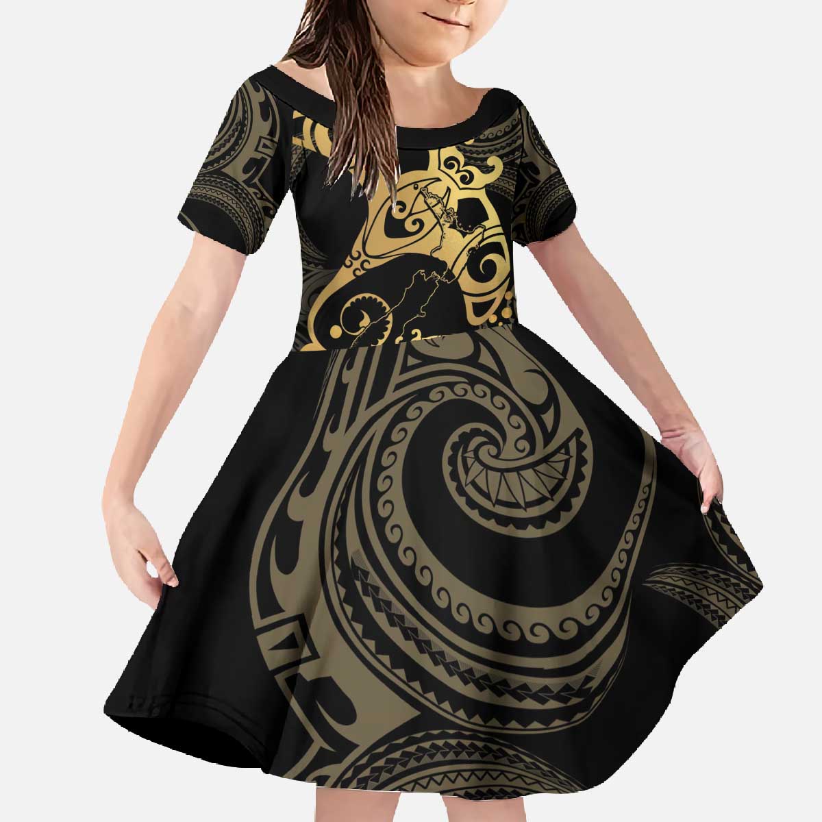 Black And Gold Aotearoa Whai Family Matching Off The Shoulder Long Sleeve Dress and Hawaiian Shirt NZ Stingrays Maori Curves Style LT14 Daughter's Dress Gold - Polynesian Pride