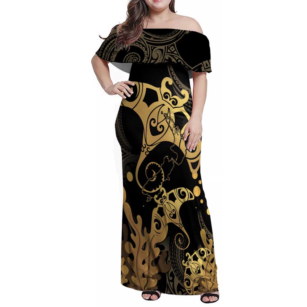 Black And Gold Aotearoa Whai Family Matching Off Shoulder Maxi Dress and Hawaiian Shirt NZ Stingrays Maori Curves Style LT14 Mom's Dress Gold - Polynesian Pride