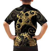 Black And Gold Aotearoa Whai Family Matching Short Sleeve Bodycon Dress and Hawaiian Shirt NZ Stingrays Maori Curves Style LT14 - Polynesian Pride