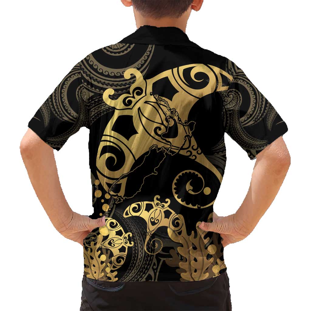 Black And Gold Aotearoa Whai Family Matching Summer Maxi Dress and Hawaiian Shirt NZ Stingrays Maori Curves Style LT14 - Polynesian Pride