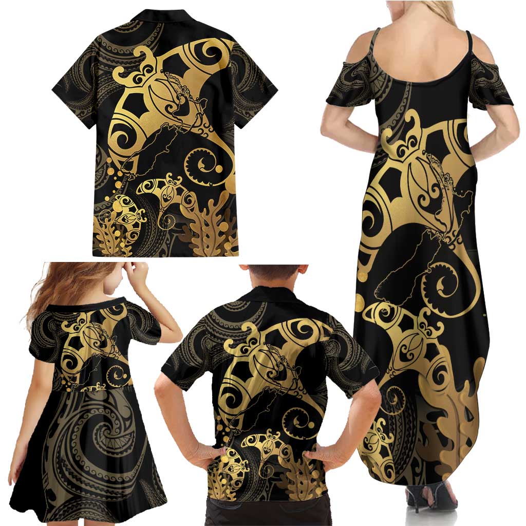 Black And Gold Aotearoa Whai Family Matching Summer Maxi Dress and Hawaiian Shirt NZ Stingrays Maori Curves Style LT14 - Polynesian Pride