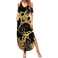 Black And Gold Aotearoa Whai Family Matching Summer Maxi Dress and Hawaiian Shirt NZ Stingrays Maori Curves Style LT14 Mom's Dress Gold - Polynesian Pride