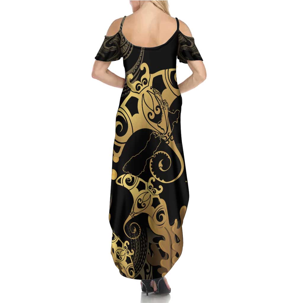 Black And Gold Aotearoa Whai Family Matching Summer Maxi Dress and Hawaiian Shirt NZ Stingrays Maori Curves Style LT14 - Polynesian Pride